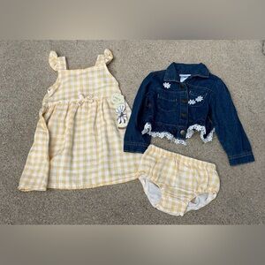 NWT Daisy Fuentes 3-Piece Outfit Gingham Dress, Bloomers & Denim Jacket (24M)